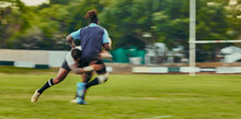 Rugby, Tackle And Action, Black Man Running To Score Goal On Field At Game, Match Or Practice Workout. Sports, Fitness And Motion, Player In Action And Blur On Grass With Energy And Skill In Sport.