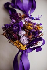 Wall Mural - Purple dried flowers bouquet with ribbons for gift or for holiday., created with generative ai