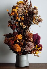 Wall Mural - Lush autumn dried flowers bouquet for decoration in bright orange tones., created with generative ai