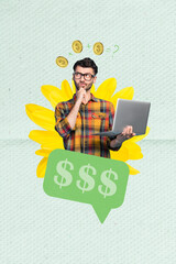 Sticker - Vertical collage picture of minded intelligent guy hold netbook think count money coins big flower isolated on creative background