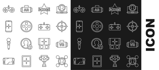 Poster - Set line Share, Virtual reality glasses, Target sport, Star, Gamepad, Smartphone and playing in game, and icon. Vector