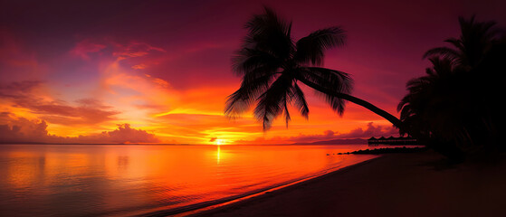 Wall Mural - sunset on the beach with palm trees, holiday vacation banner concept, generative ai