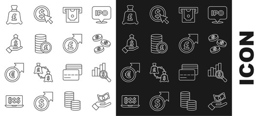 Poster - Set line Hand holding money, Pie chart dollar, Coin with, ATM, pound, bag, and Financial growth icon. Vector