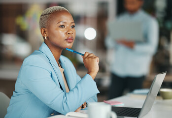 Poster - Business thinking, office laptop and black woman, creative agent or person working on advertising plan. Project, problem solving and serious girl brainstorming company idea for social media strategy