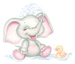 Cute little elephant bathes with duck and lets out a fountain with its trunk. Cartoon baby animals, Watercolor hand drawn illustration.