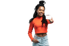 Girl holding a gift card. Young beautiful woman showing copy space on empty blank sign or gift card isolated on transparent background