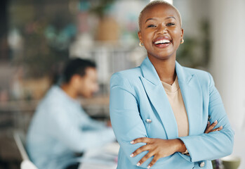 Happy, laughing and portrait of black woman in office for leadership, management and development. Positive, inspiration and mission with female employee for growth, motivation and empowerment