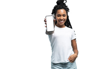 Wow, Amazing Useful App. Portrait of excited and surprised young woman holding smartphone with white blank screen in hand, showing device, closeup. Gadget with empty free space for mock up template