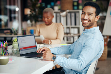 Portrait, smile and business man in office with pride for career, occupation or job. Ceo, boss and happy, proud or confident Asian professional entrepreneur sitting at table with laptop in company.