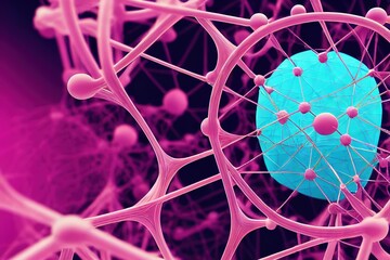 Poster - Molecular genetic network with molecule closeup and atoms in chemistry., created with generative ai