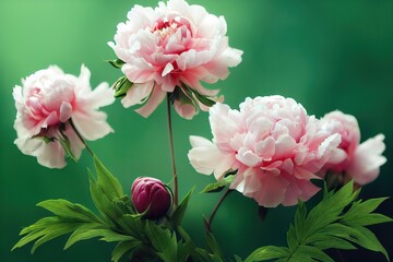 Poster - Pink lush peon flower with buds on green background in garden in summer., created with generative ai