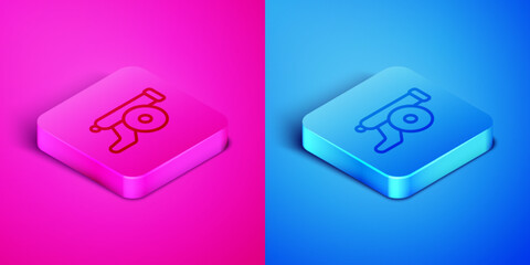 Sticker - Isometric line Ramadan cannon icon isolated on pink and blue background. Square button. Vector