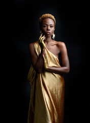 Wall Mural -  fantasy portrait of beautiful african woman model with afro, goddess silk robes and ornate floral wreath crown. gestural Posing holding golden flowers. isolated on dark  studio background 