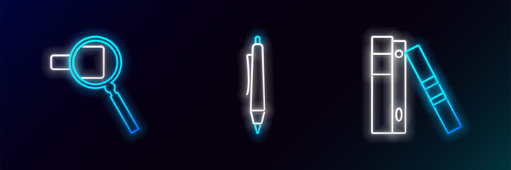 Sticker - Set line Office folders with papers and documents, Magnifying glass and Pen icon. Glowing neon. Vector