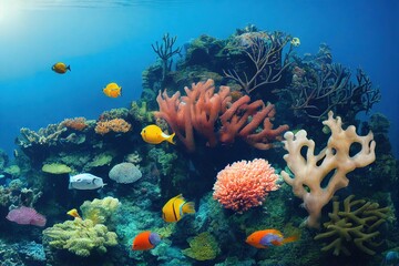 Wall Mural - Coral reef with fish under blue water lagoon seascape., created with generative ai