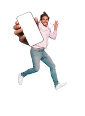 Wall Mural - mobile app advertisement. handsome excited man showing pointing at empty smartphone screen posing ov