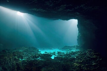 Wall Mural - Underwater deep cave in sunlight with stone bottom seascape., created with generative ai