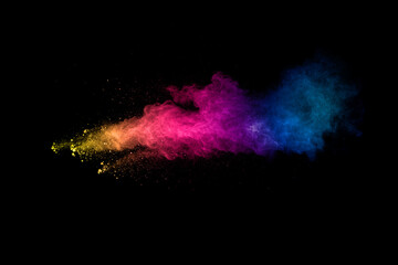 Wall Mural - abstract multi color powder explosion on black background. freeze motion of colorful dust particles 