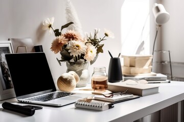 Canvas Print - Mockup concept of a workplace. mock up of a laptop and desktop pc with vintage books and flowers for home décor. Copy area for a montage of products. desktop mockup. Generative AI