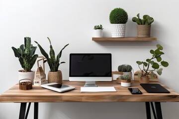 Poster - Vertical wooden table with all in one computer, mouse, keyboard, smartphone, iPad, and cactus plants. Generative AI