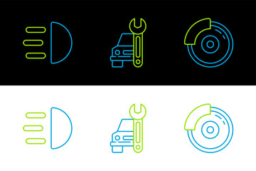 Poster - Set line Car brake disk with caliper, High beam and service icon. Vector