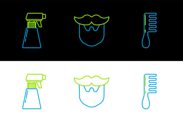 Sticker - Set line Hairbrush, Hairdresser pistol spray bottle and Mustache and beard icon. Vector