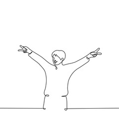 Wall Mural - man stands with his arms raised to the sides showing a gesture of peace - one line drawing vector. concept smile and peace gesture