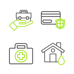 Sticker - Set line House flood, First aid kit, Credit card with shield and Hand holding briefcase icon. Vector