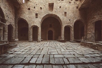 Wall Mural - Ancient courtyard inside stone building background digital illustration., created with generative ai