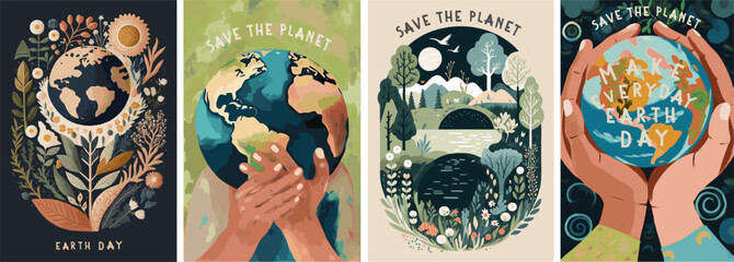 happy earth day! vector illustrations (drawn in gouache) of earth, globe, holding, nature and enviro