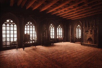 Wall Mural - Big ancient hall with windows as medieval castle or palace interior digital illustration., created with generative ai