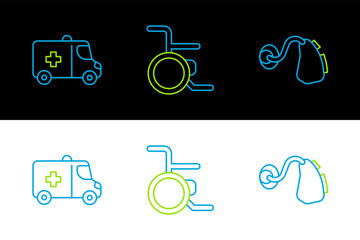 Sticker - Set line Hearing aid, Emergency car and Wheelchair icon. Vector