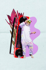 Sticker - Vertical collage picture of positive grandfather unicorn pajama dancing huge boombox flower isolated on creative background