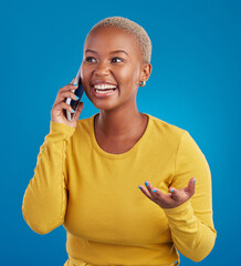 Aufkleber - Phone call, excited and black woman talking in studio for social network, connection and conversation. Communication mockup, smartphone and surprised girl speaking, smile and chat on blue background