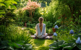 Fototapeta  - A woman meditating in a peaceful garden