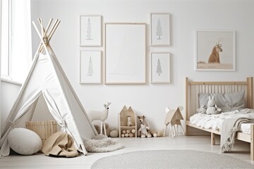 Wall Mural - White wall with an empty vertical picture frame in a contemporary kids' room. interior mockup in the Scandinavian design. Copy space that is free for your image. bed and toys cozy space for children