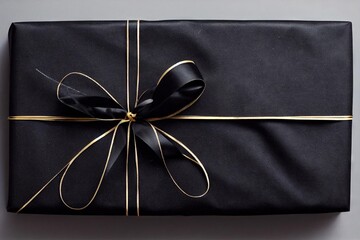 Sticker - Black Christmas Gift Boxes Stack with Gold Bows on White Background., created with generative ai