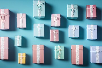 Sticker - Light Christmas Gift Boxes Stack with Lace on Blue Background., created with generative ai