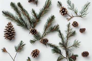 Wall Mural - Christmas green tree branches with cones on white background., created with generative ai