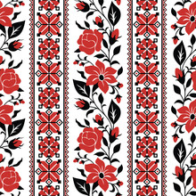 Seamless Pattern With Red Rose And Mallow Inspired By Ukrainian Traditional Embroidery. Ethnic Floral Motif, Handmade Craft Art. Ethnic Design. Vertical Oriented Stripes. Vector Illustration