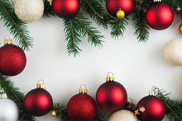 Sticker - Red large Christmas balls with spruce branches and lights on white background., created with generative ai