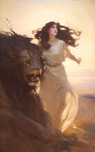 Dramatic Portrait Of A Woman Holding The Mane Of A Roaring Lion, Vintage Oil Painting Style.  Generative AI