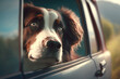The dog looks out the car window. AI generative.