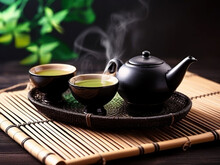 Asian Tea Set. Japanese Teapot And Cups On Bamboo Mat. Generative Ai. Hot Tea In Pot And Teacups