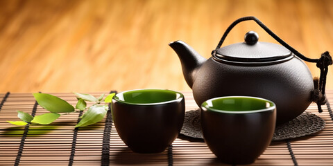 Asian tea set. Japanese teapot and cups on bamboo mat. generative ai. Hot tea in pot and teacups