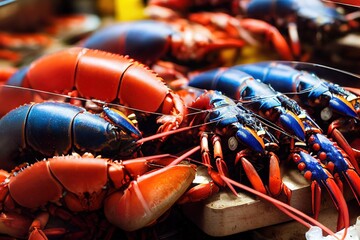 Canvas Print - Fresh shiny lobsters lie in rows at fish market., created with generative ai