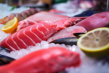 Sticker - Pieces of delicious fish fillets lie on ice at fish market., created with generative ai