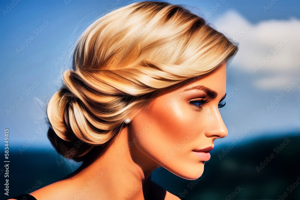 Side portrait of a young white woman with wavy blonde hair, fictional ...