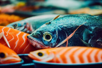 Canvas Print - Colorful appetizing fish laid out on windows of fish market., created with generative ai