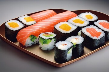 Poster - Delicious sushi set of fresh red fish with rice on tray., created with generative ai